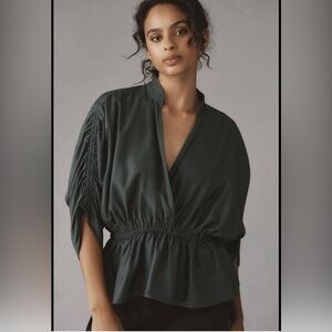 Anthropologie Maeve Deep Green Ruched Blouse
